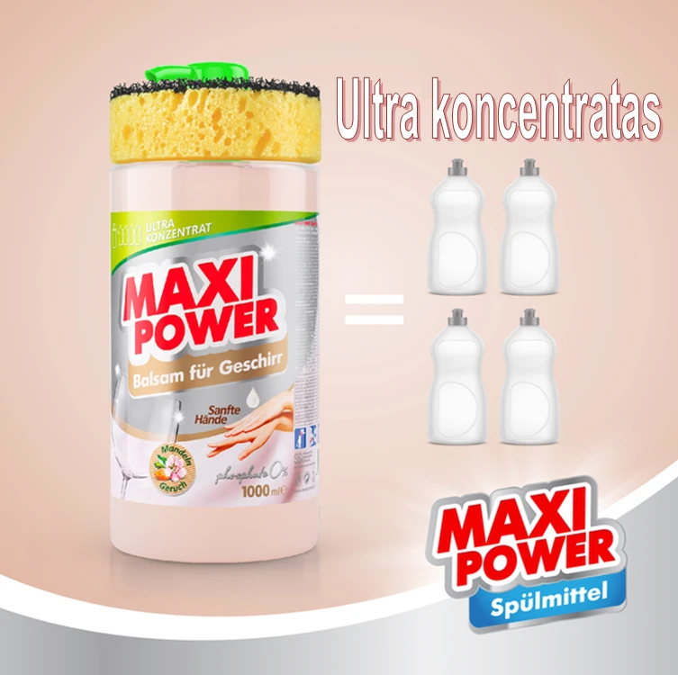 Pagaminta Ukrainoje Koncentruotas indų ploviklis - migdolų kvapo gelis "MAXI POWER" su dozatoriumi ir kempine indams plauti, 1000ml