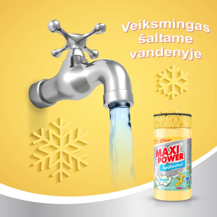 Pagaminta Ukrainoje Koncentruotas indų ploviklis - bananų kvapo gelis "MAXI POWER" su dozatoriumi ir kempine indams plauti, 1000ml