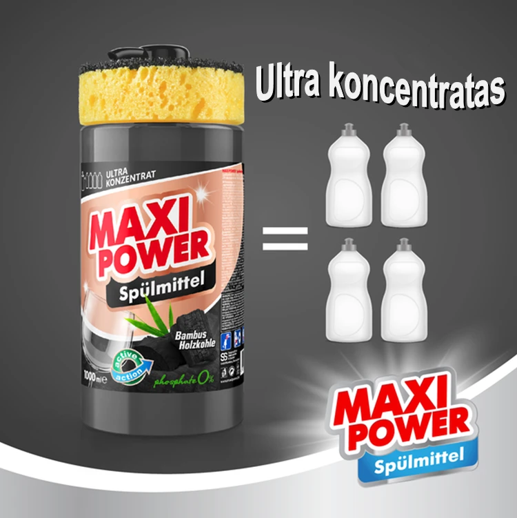 Pagaminta Ukrainoje Koncentruotas indų ploviklis - Juodas COAL gelis "MAXI POWER" su dozatoriumi ir kempine indams plauti, 1000ml