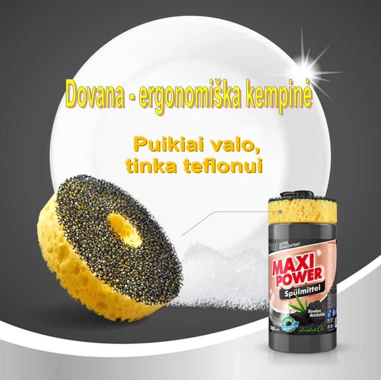 Pagaminta Ukrainoje Koncentruotas indų ploviklis - Juodas COAL gelis "MAXI POWER" su dozatoriumi ir kempine indams plauti, 1000ml