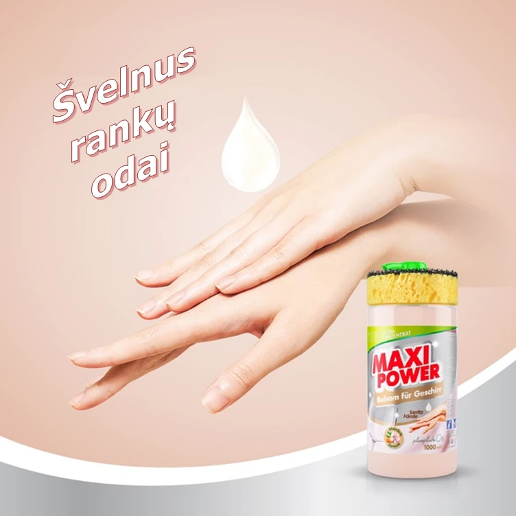 Pagaminta Ukrainoje Koncentruotas indų ploviklis - migdolų kvapo gelis "MAXI POWER" su dozatoriumi ir kempine indams plauti, 1000ml