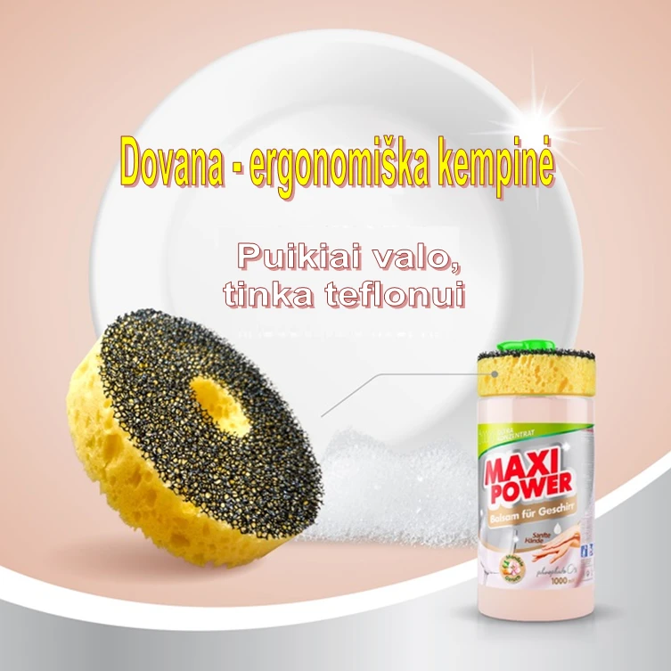 Pagaminta Ukrainoje Koncentruotas indų ploviklis - migdolų kvapo gelis "MAXI POWER" su dozatoriumi ir kempine indams plauti, 1000ml