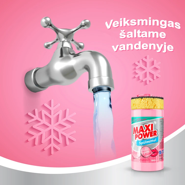 Pagaminta Ukrainoje Koncentruotas indų ploviklis - Bubble Gum kvapo gelis "MAXI POWER" su dozatoriumi ir kempine indams plauti, 1000ml