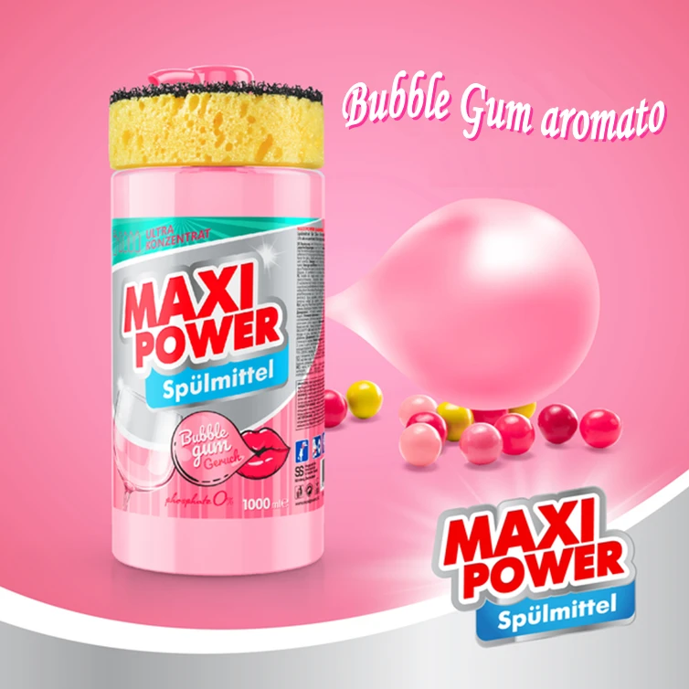Pagaminta Ukrainoje Koncentruotas indų ploviklis - Bubble Gum kvapo gelis "MAXI POWER" su dozatoriumi ir kempine indams plauti, 1000ml