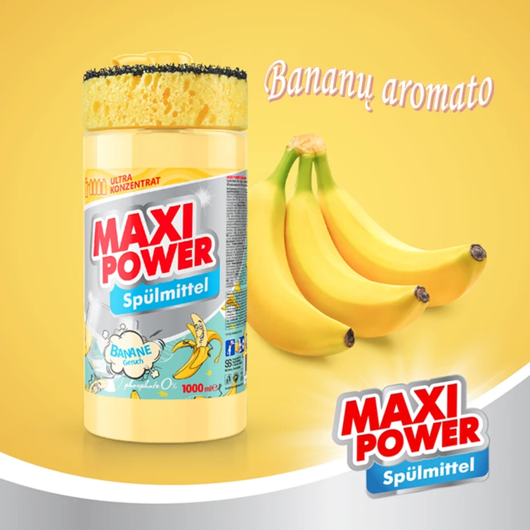 Pagaminta Ukrainoje Koncentruotas indų ploviklis - bananų kvapo gelis "MAXI POWER" su dozatoriumi ir kempine indams plauti, 1000ml