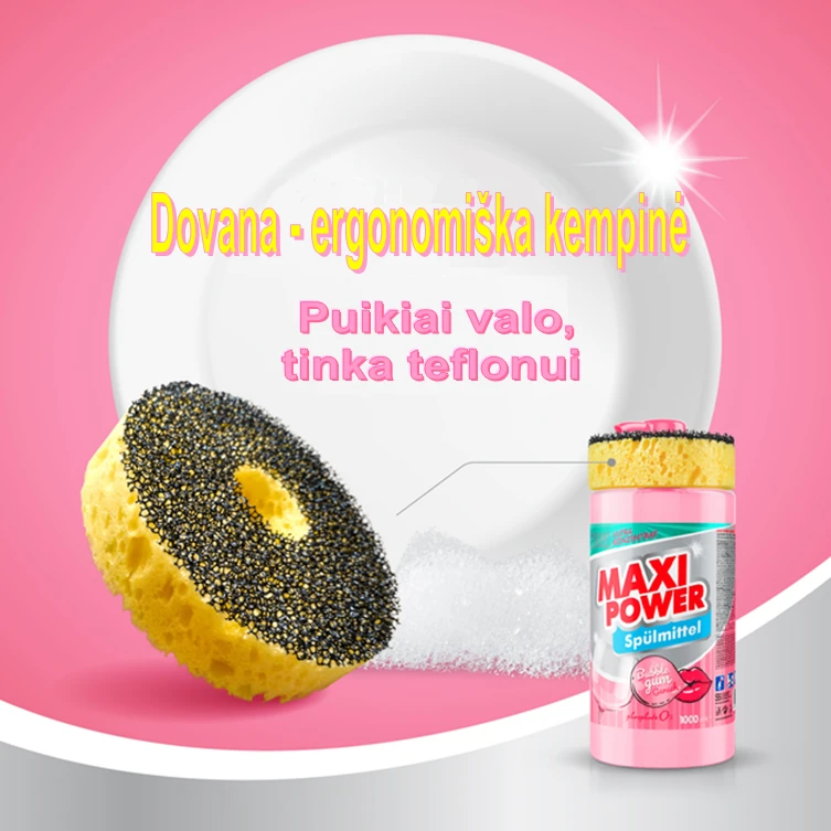 Pagaminta Ukrainoje Koncentruotas indų ploviklis - Bubble Gum kvapo gelis "MAXI POWER" su dozatoriumi ir kempine indams plauti, 1000ml