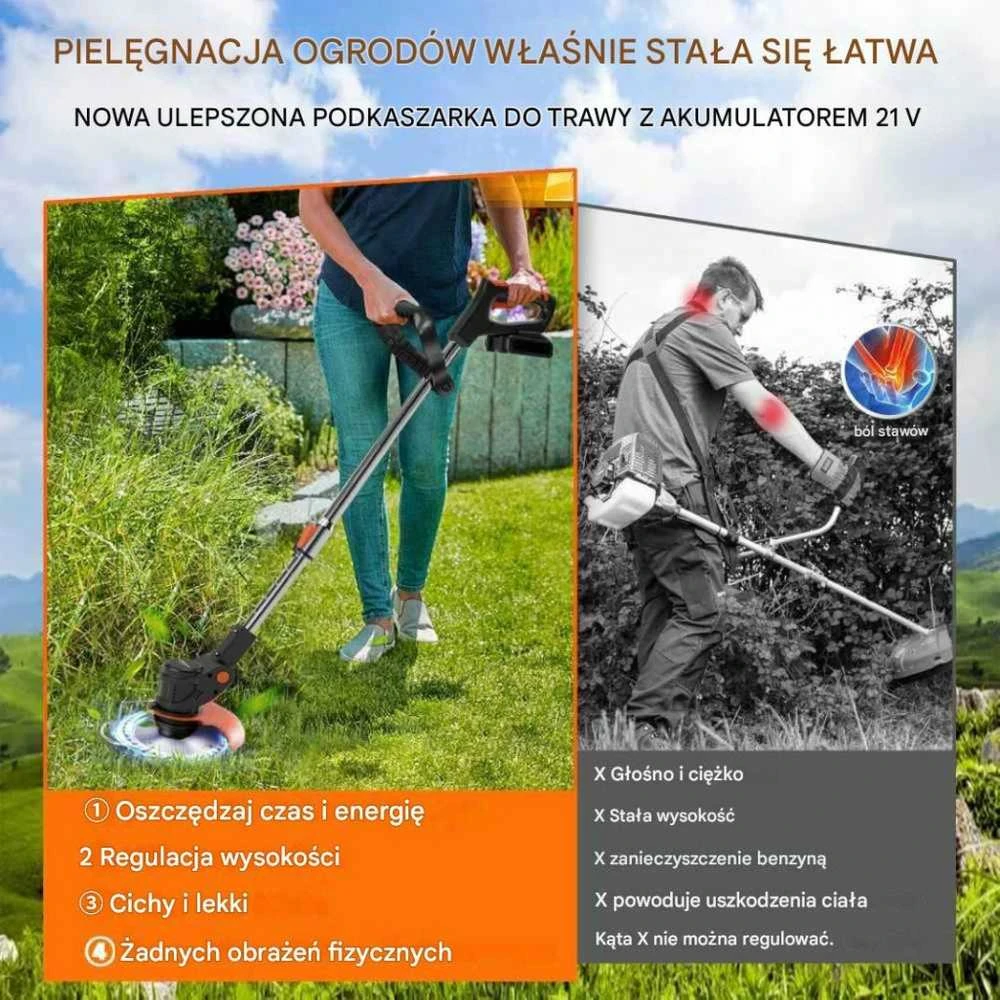 Belaidis trimeris su 2x 21V baterijomis – didelis žoliapjovės rinkinys