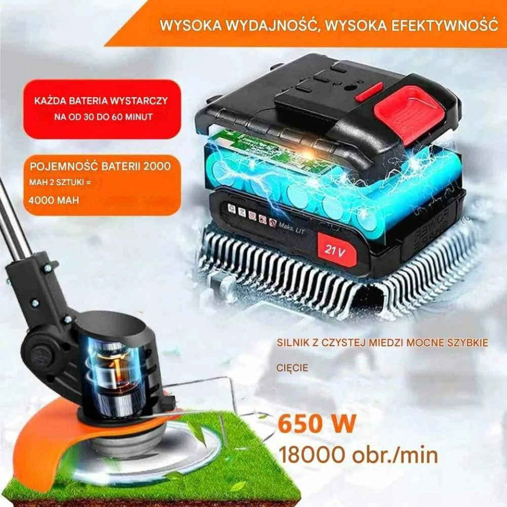 Belaidis trimeris su 2x 21V baterijomis – didelis žoliapjovės rinkinys