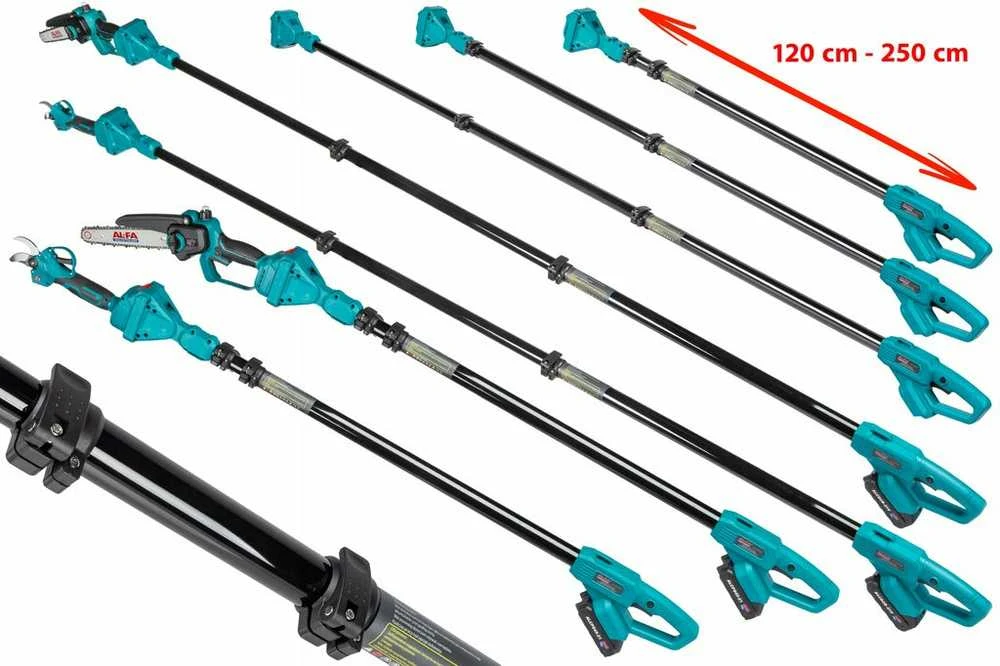 Grandininis pjūklas Akumuliatorinis 8" pjūklas, genėjimo žirklės ir teleskopinė strėlė 250 cm – 3 dalių rinkinys