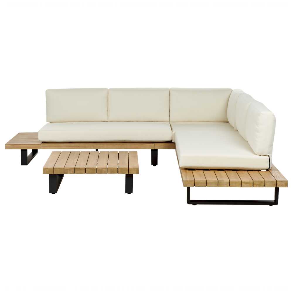 Lauko baldų komplektas Beliani Sodo kampinė sofa su staliuku 5 asmenims MYKONOS dešininė, kreminės spalvos, sertifikuota akacijos mediena