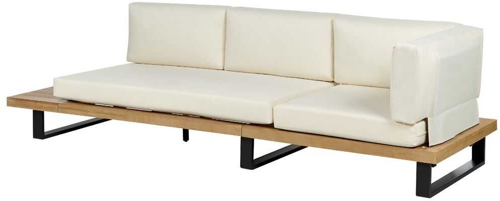 Lauko baldų komplektas Beliani Sodo kampinė sofa su staliuku 5 asmenims MYKONOS dešininė, kreminės spalvos, sertifikuota akacijos mediena