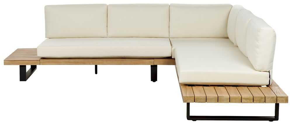 Lauko baldų komplektas Beliani Sodo kampinė sofa su staliuku 5 asmenims MYKONOS dešininė, kreminės spalvos, sertifikuota akacijos mediena