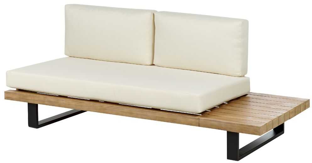 Lauko baldų komplektas Beliani Sodo kampinė sofa su staliuku 5 asmenims MYKONOS dešininė, kreminės spalvos, sertifikuota akacijos mediena