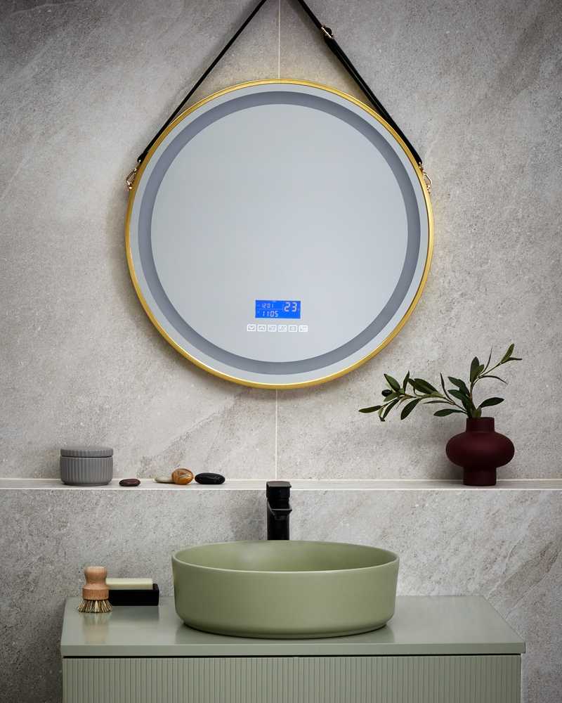 Beliani LED vonios veidrodis DAROIS 60 cm x 60 cm su integruotu Bluetooth garsiakalbiu, auksinis
