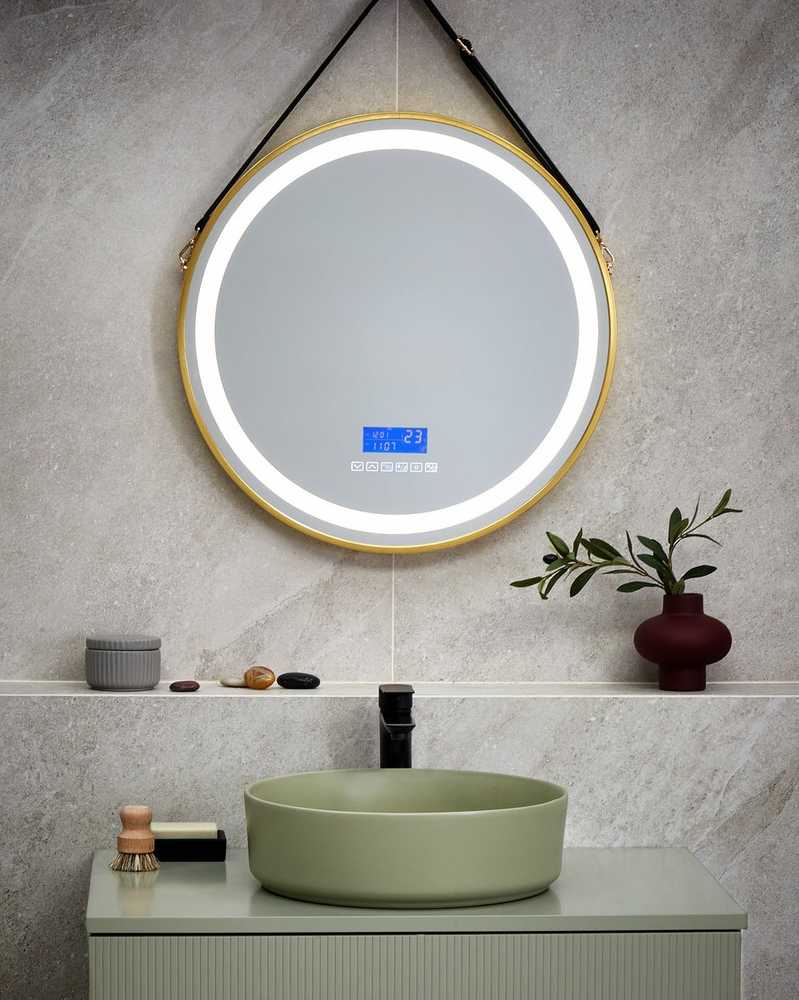 Beliani LED vonios veidrodis DAROIS 60 cm x 60 cm su integruotu Bluetooth garsiakalbiu, auksinis