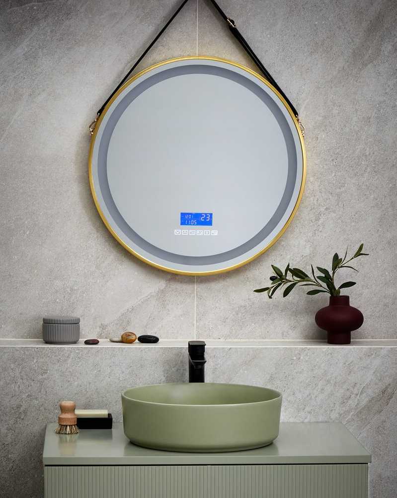 Beliani LED vonios veidrodis DAROIS 60 cm x 60 cm su integruotu Bluetooth garsiakalbiu, auksinis