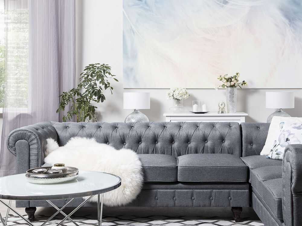 Beliani 6 vietų kampinė sofa CHESTERFIELD, pilka, kairinė