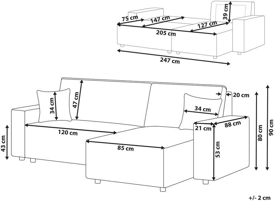 Sofa Beliani Išskleidžiamas kampe statomas 3 vietų sofos komplektas ABACKA, velvetas, kreminė balta, kairinė pusė