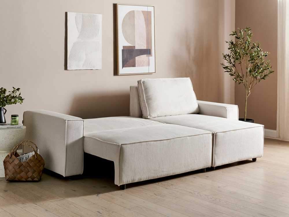 Sofa Beliani Išskleidžiamas kampe statomas 3 vietų sofos komplektas ABACKA, velvetas, kreminė balta, kairinė pusė