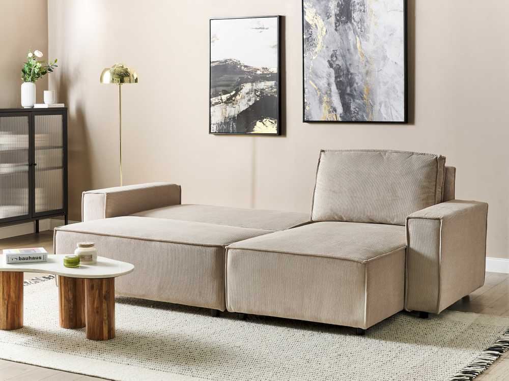 Beliani Išskleidžiama 3 vietų kampinė sofa ABACKA, velvetas, smėlio spalvos, kairinė