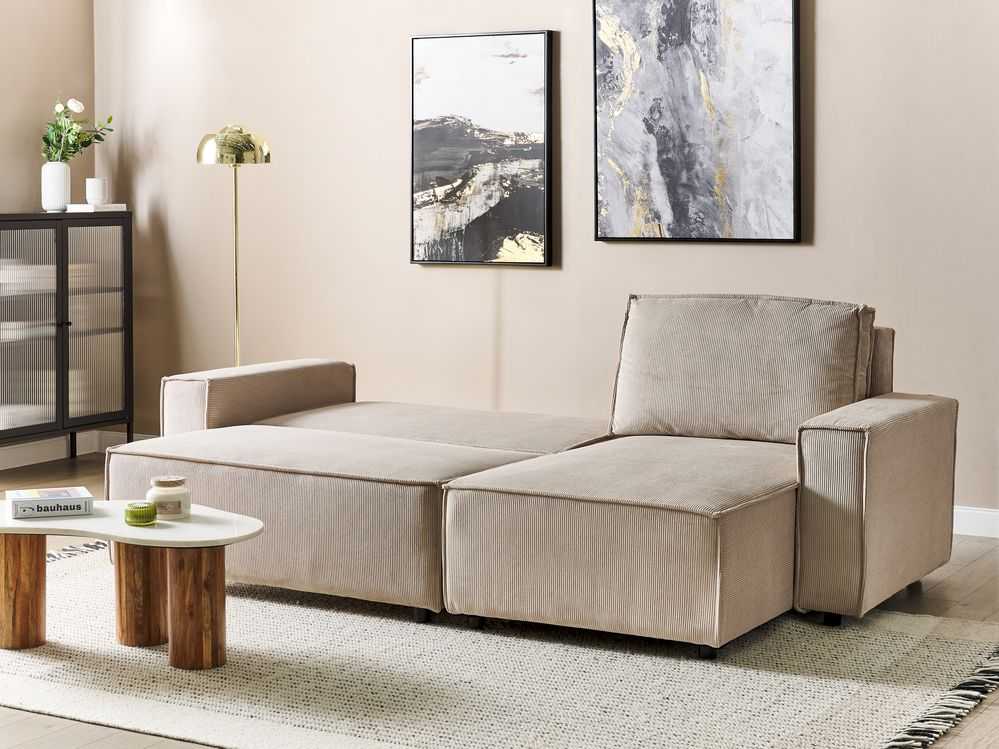 Beliani Išskleidžiama 3 vietų kampinė sofa ABACKA, velvetas, smėlio spalvos, kairinė