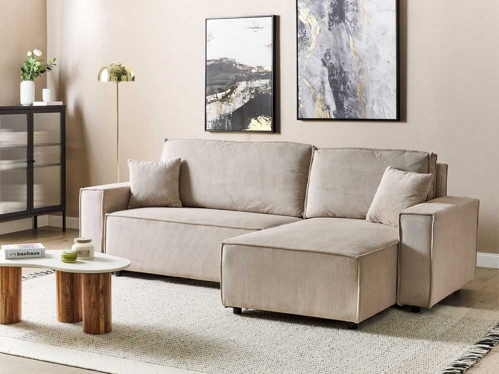 Beliani Išskleidžiama 3 vietų kampinė sofa ABACKA, velvetas, smėlio spalvos, kairinė