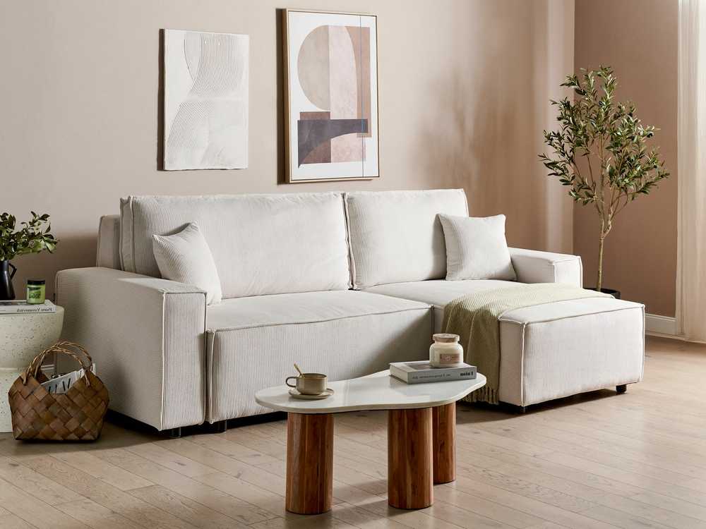 Sofa Beliani Išskleidžiamas kampe statomas 3 vietų sofos komplektas ABACKA, velvetas, kreminė balta, kairinė pusė