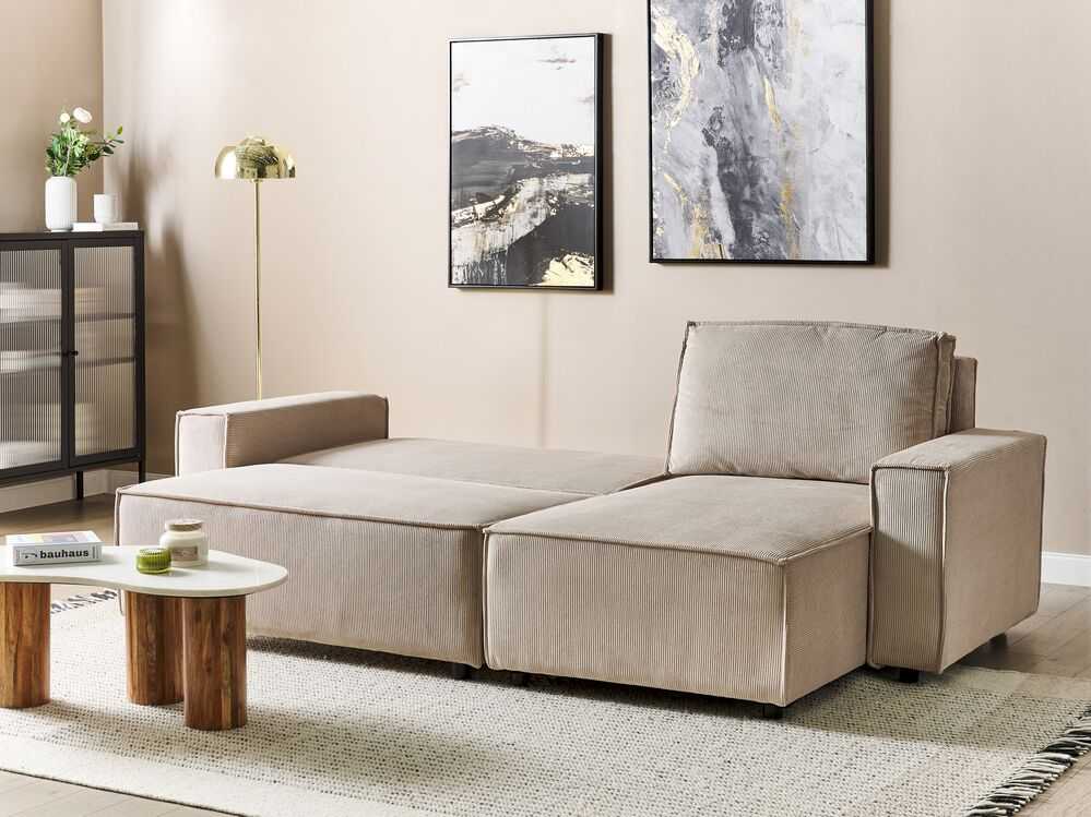 Beliani Išskleidžiama 3 vietų kampinė sofa ABACKA, velvetas, smėlio spalvos, kairinė