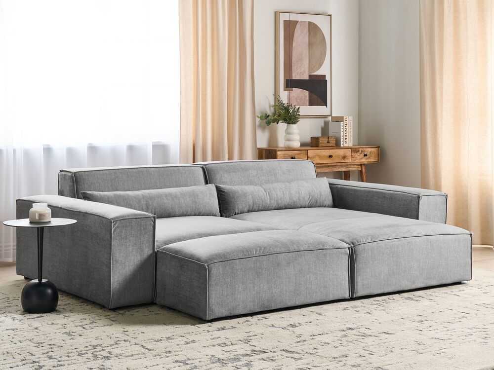 Beliani Trijų vietų modulinė sofa HELLNAR kairinė, pilka su otomane