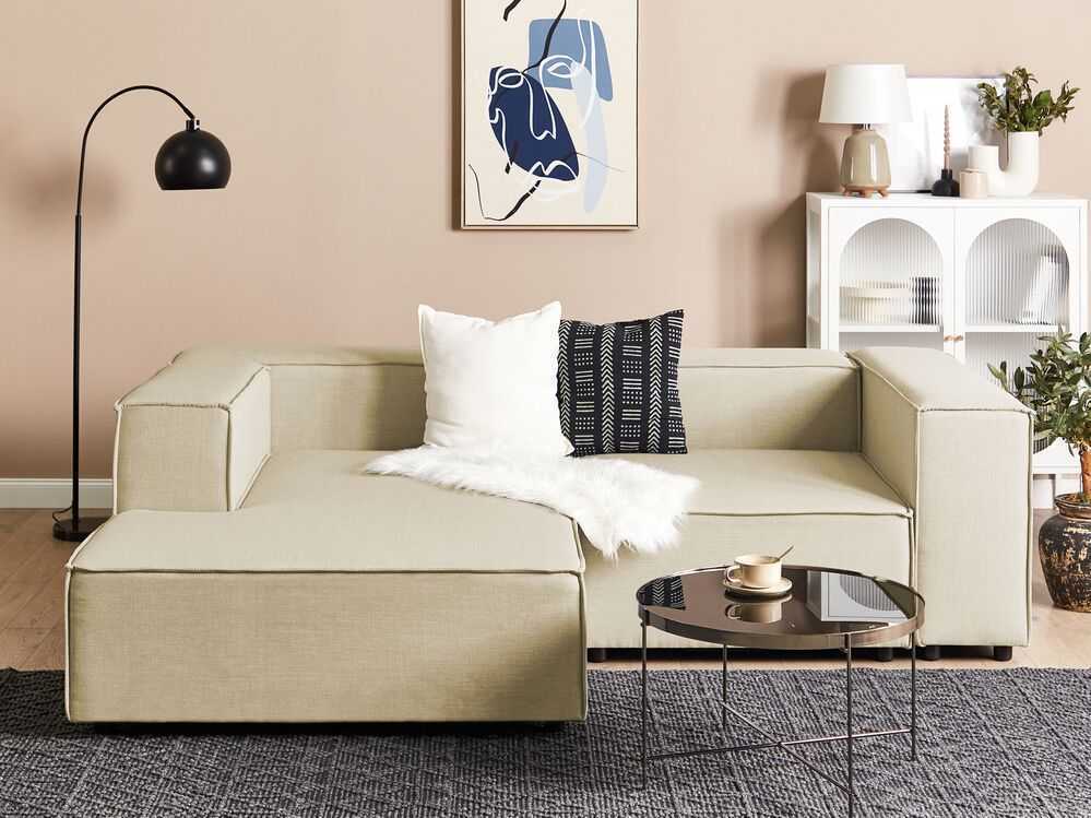 Beliani Modulinė kampinė sofa APRICA, sintetinis linas, smėlio spalvos, dešininė