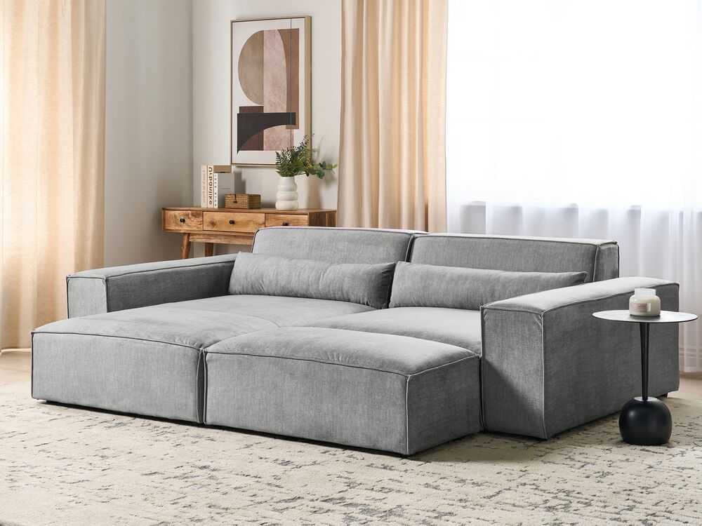 Beliani Modulinė 3 vietų kampinė sofa HELLNAR dešininė, pilka su otomane