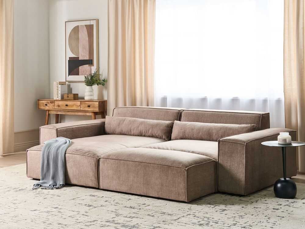 Beliani 3 vietų modulinė kampinė sofa HELLNAR su pufu, šviesiai ruda, dešininė