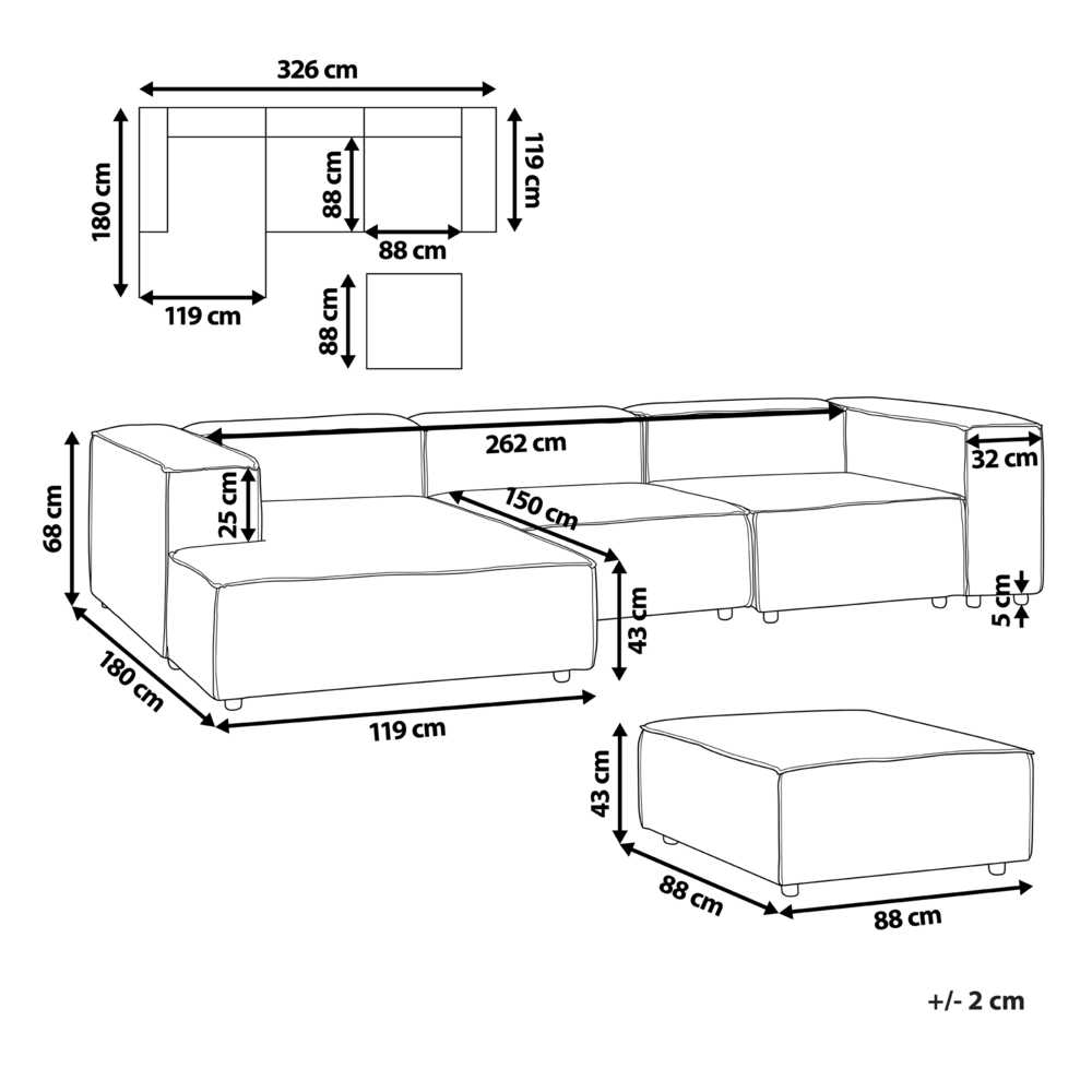 Beliani Trijų vietų modulinė kampinė sofa APRICA, sintetinio lino audinys, smėlio spalvos, su dešinine otomane