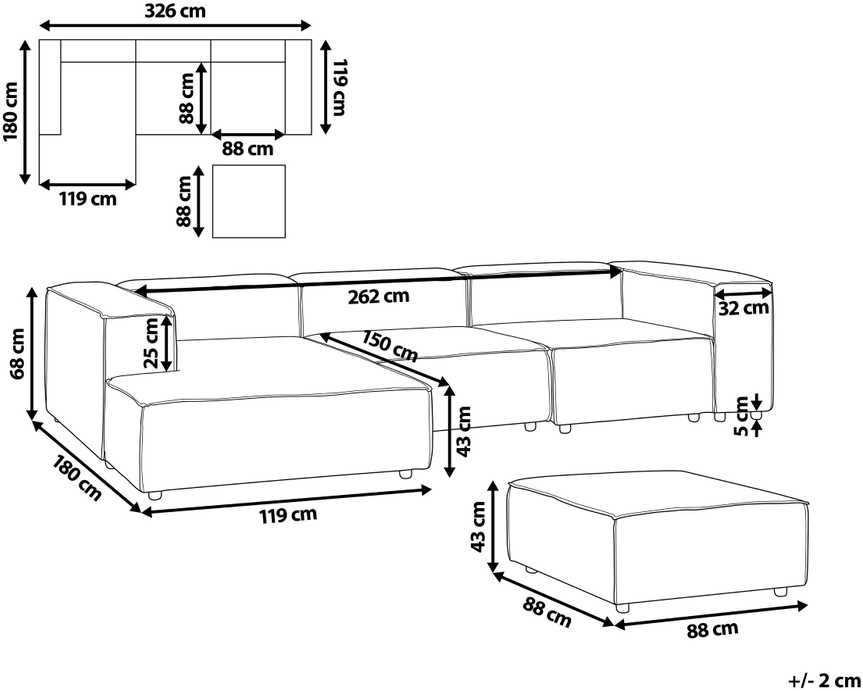 Beliani Trijų vietų modulinė kampinė sofa APRICA, sintetinio lino audinys, smėlio spalvos, su dešinine otomane