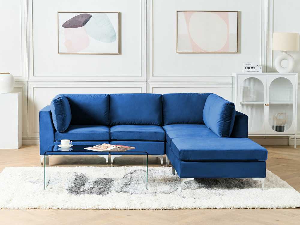 Beliani EVJA modulinė kampinė sofa 4 vietų su pufu, veliūras, tamsiai mėlyna, kairinė