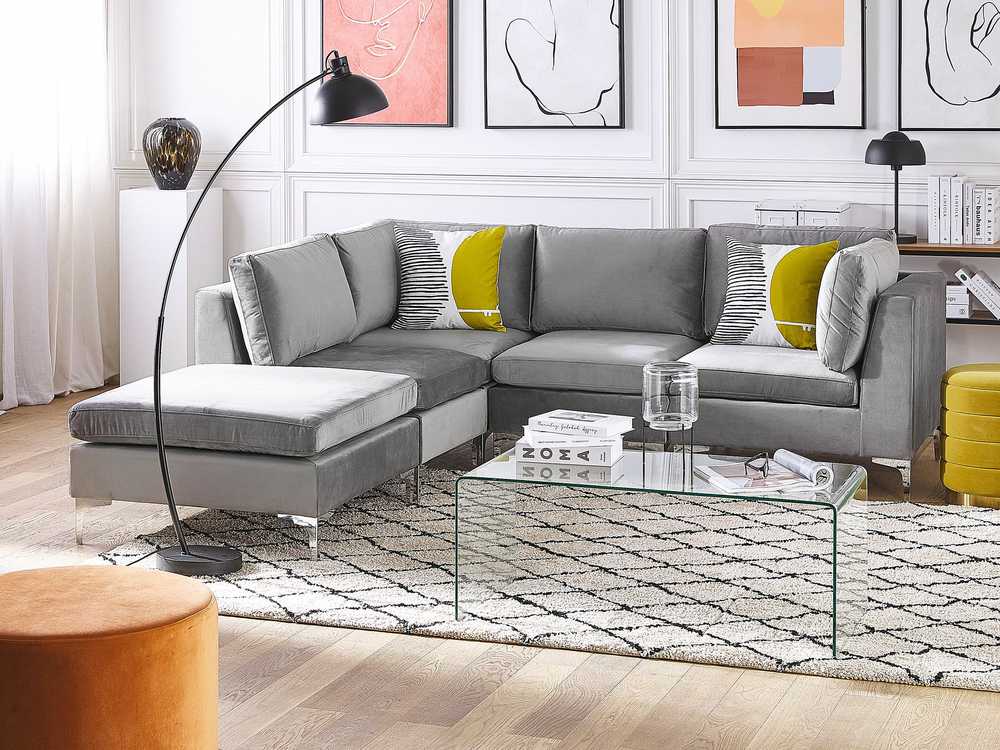 Beliani 4 vietų modulinė sofa EVJA, dešininė, pilka, veliūrinė, su otomane