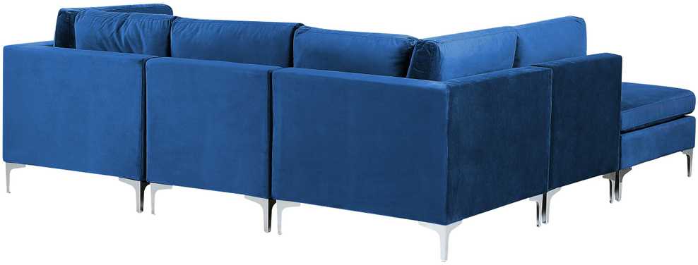 Beliani EVJA modulinė kampinė sofa 4 asmenims su pufu, aksominė, tamsiai mėlyna, dešininė