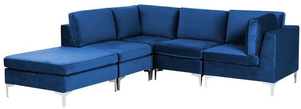 Beliani EVJA modulinė kampinė sofa 4 asmenims su pufu, aksominė, tamsiai mėlyna, dešininė