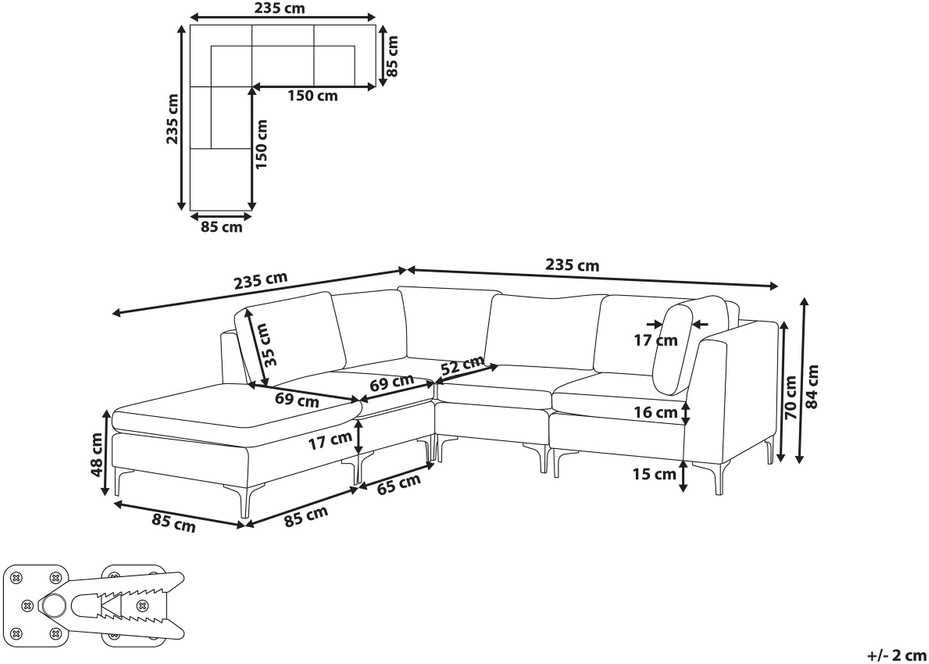 Beliani EVJA modulinė kampinė sofa 4 asmenims su pufu, aksominė, tamsiai mėlyna, dešininė