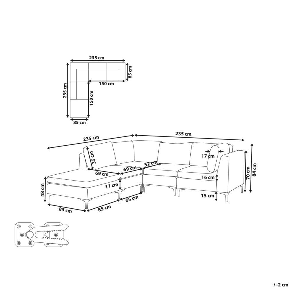 Beliani EVJA modulinė kampinė sofa 4 asmenims su pufu, aksominė, tamsiai mėlyna, dešininė