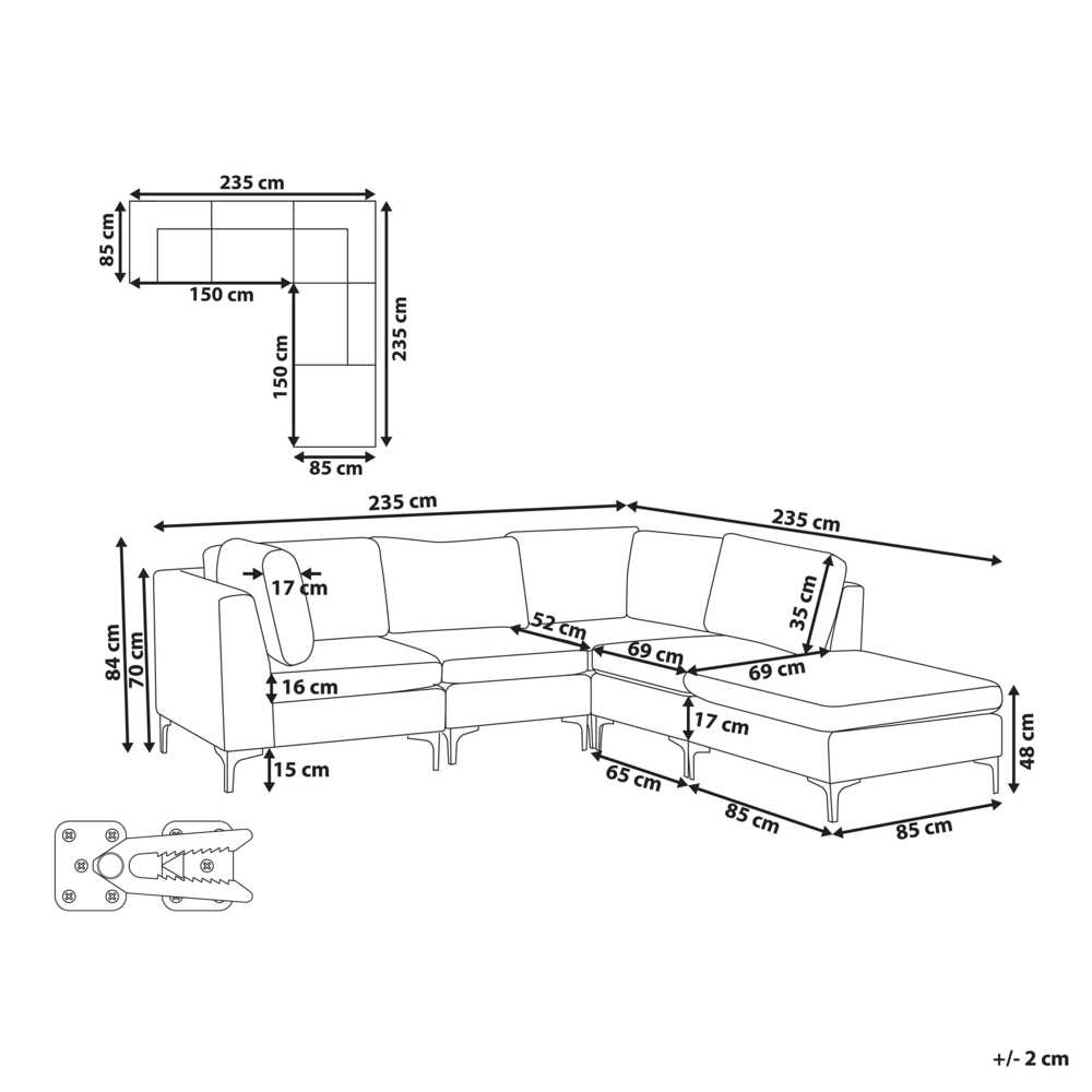 Beliani 4 vietų modulinė sofa EVJA, kairinė, pilkas veliūras su otomane