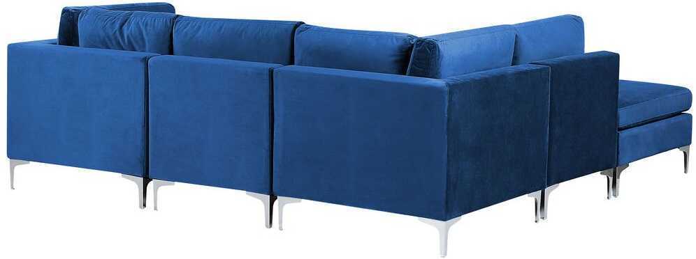 Beliani EVJA modulinė kampinė sofa 4 asmenims su pufu, aksominė, tamsiai mėlyna, dešininė