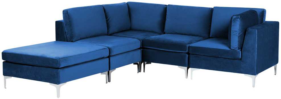 Beliani EVJA modulinė kampinė sofa 4 asmenims su pufu, aksominė, tamsiai mėlyna, dešininė