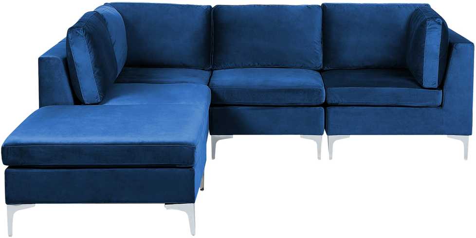 Beliani EVJA modulinė kampinė sofa 4 asmenims su pufu, aksominė, tamsiai mėlyna, dešininė