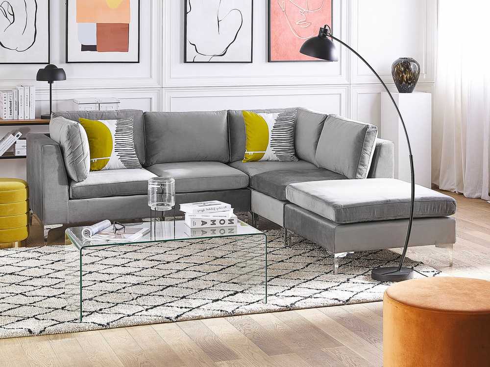 Beliani 4 vietų modulinė sofa EVJA, kairinė, pilkas veliūras su otomane