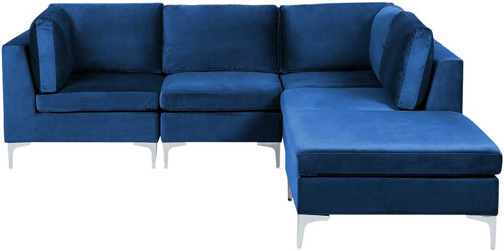 Beliani EVJA modulinė kampinė sofa 4 vietų su pufu, veliūras, tamsiai mėlyna, kairinė