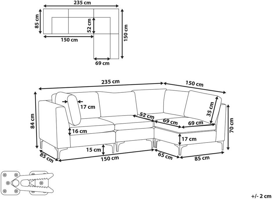 Beliani 4 vietų modulinė kampinė sofa EVJA, kairinė, pilkas veliūras