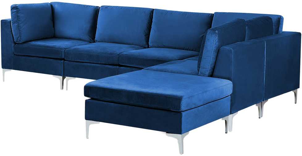 Sofa Beliani EVJA modulinis kampas 5 asmenims su pufu, tamsiai mėlynas veliūras, kairinis