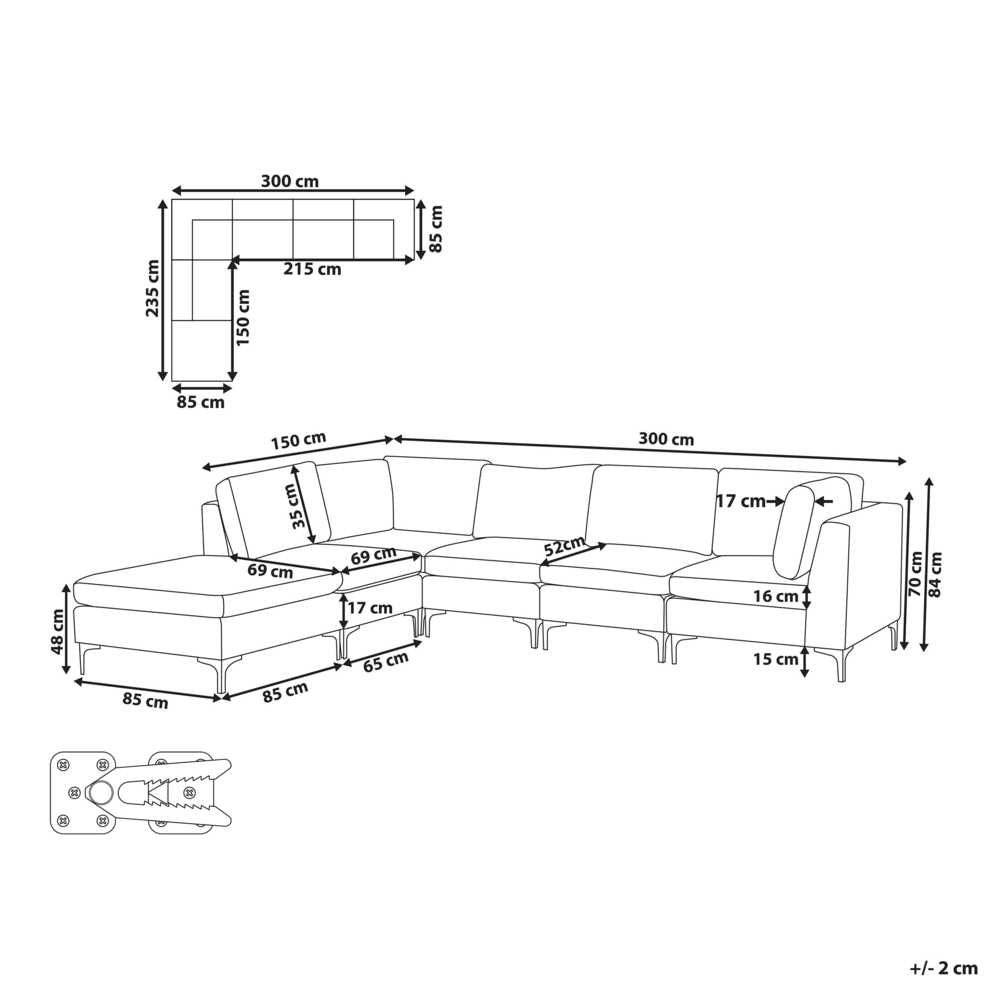 Beliani EVJA modulinė kampinė sofa 5 asmenims su pufu, mėlynas veliūras, dešininė