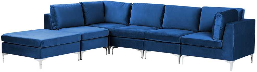 Beliani EVJA modulinė kampinė sofa 5 asmenims su pufu, mėlynas veliūras, dešininė